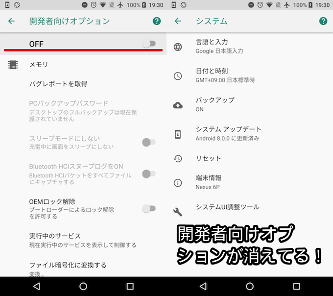 「開発者向けオプション」非表示と初期値の関係のキャプチャ2