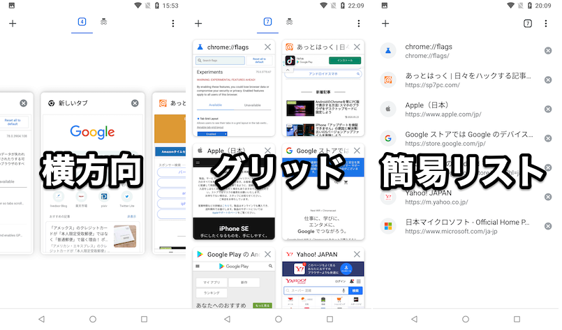 試験機能で有効となる3つのタブ表示形式の説明