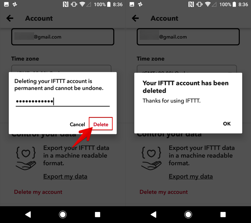 IFTTTのアカウント自体を削除/退会する手順3
