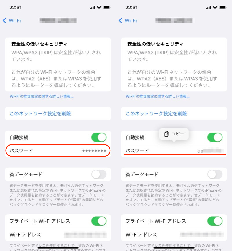 iOS16以降のiPhoneで接続済みWi-Fiパスワードを調べる手順2